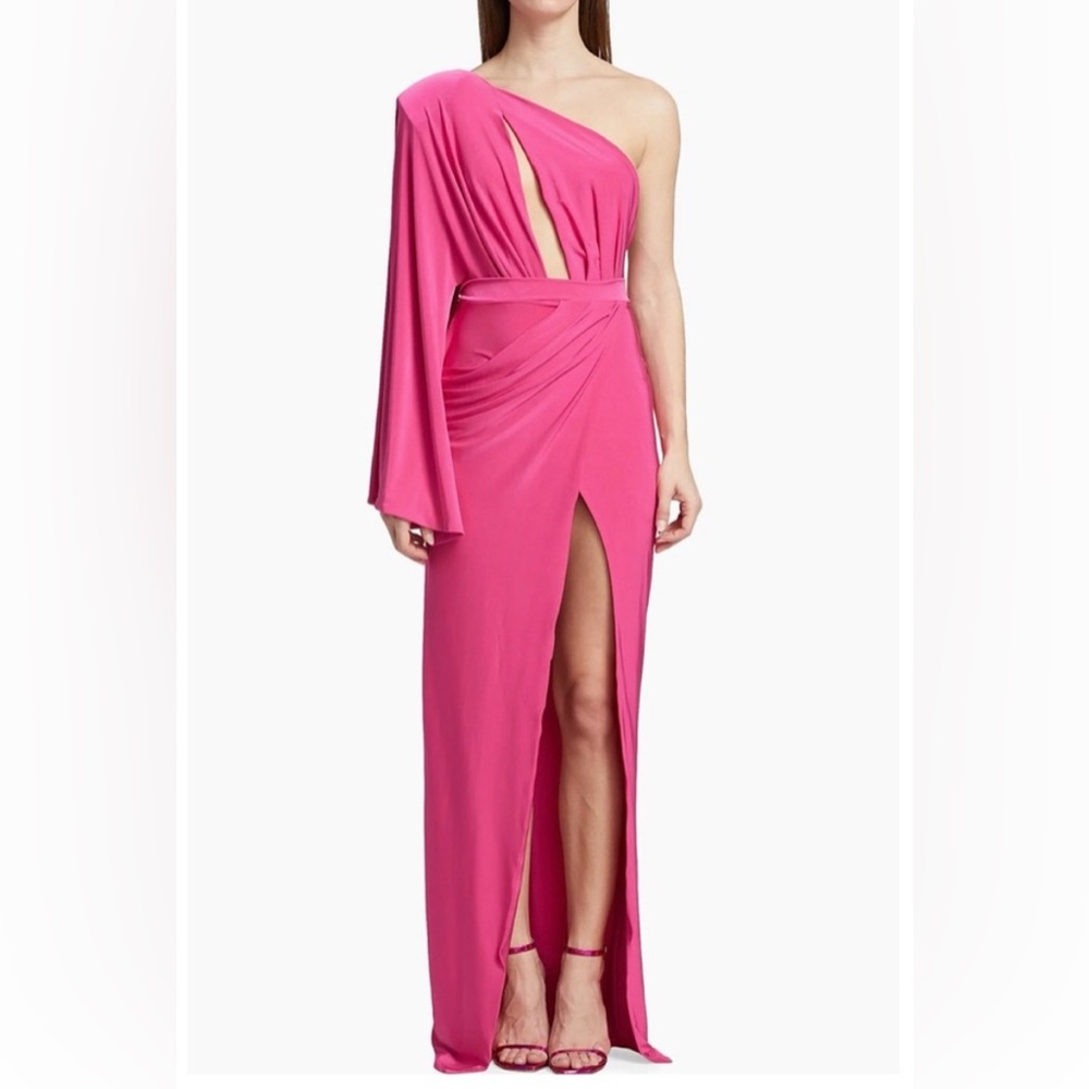 Michael Costello One Shoulder Fuchsia Cutout Jersey Evening Gown Slit Maxi Dress